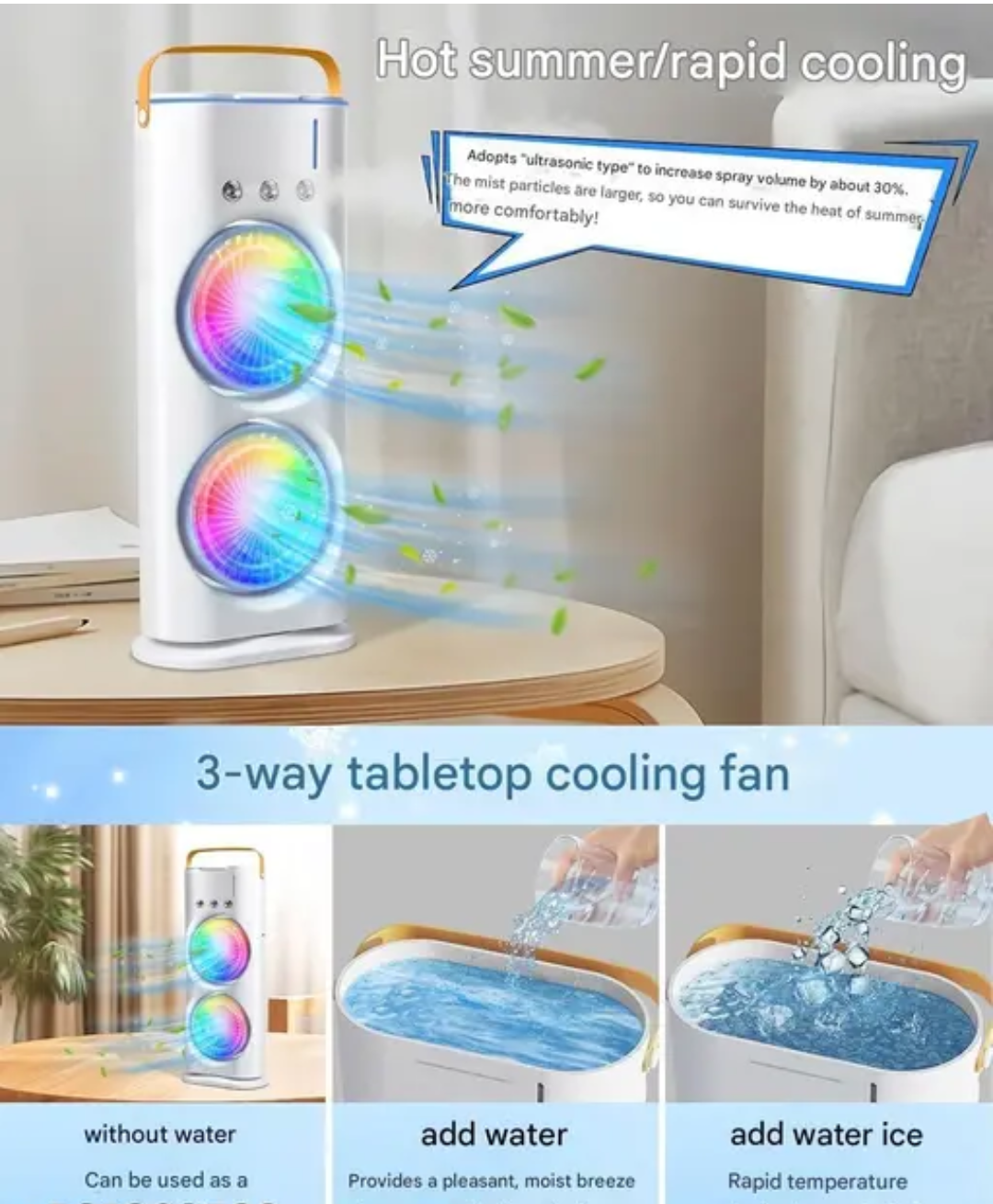 Portable Double Ended Mist Spray Fan for Summer Room Cooling, USB Rechargeable & portable.